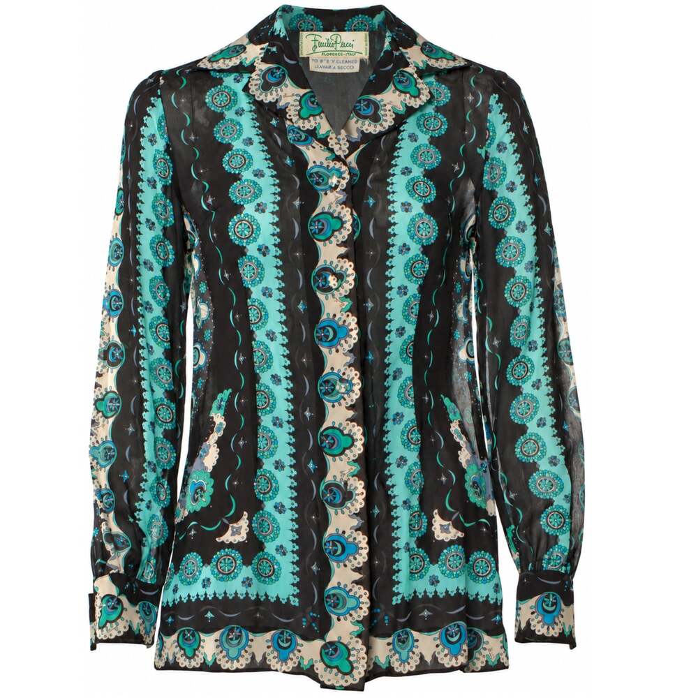 Emilio Pucci Vintage 1970's Mandala Printed Silk Button Down Long Sleeve Top